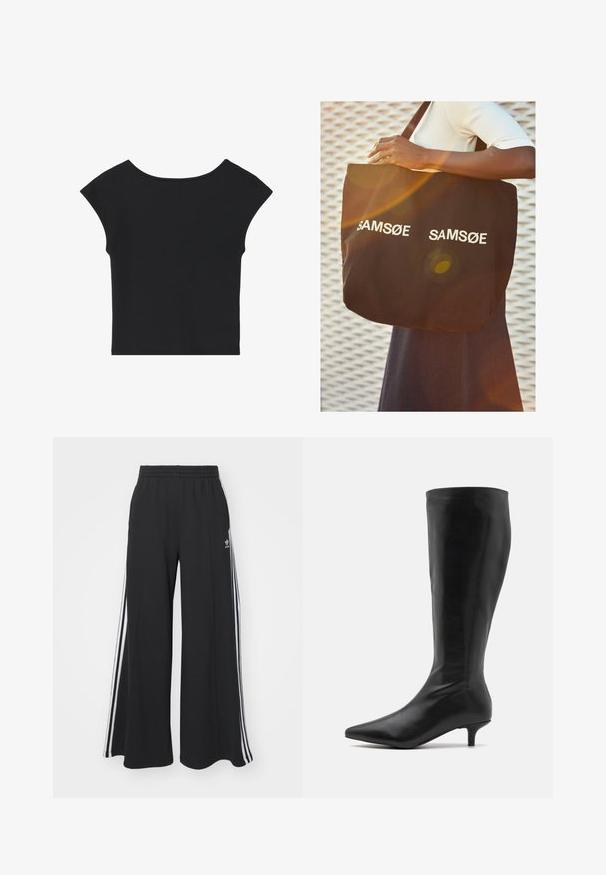 Top preto cropped com mangas curtas, decote redondo e textura de tecido suave, apresentando um design simples sem padrões ou embelezamentos.; Calças de suor largas e pretas com uma cintura elástica, apresentando riscas brancas nas laterais e um logótipo bordado na coxa esquerda.; RAID ALPINE - Botas - black; Sacola tote preta feita de lona, com a inscrição em branco "SAM SøE" impressa de ambos os lados. Formato retangular com alças robustas e acabamento fosco.