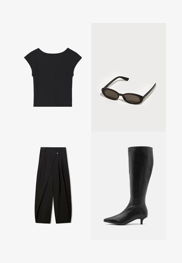 Sort cropped top med korte capærmer, rund halsudskæring og glat stoftekstur, prydet med et enkelt design uden mønstre eller udsmykninger.; Sorte brede bukser lavet af glat stof, med frontfolder, knaplukning og skræddersyet design for en struktureret silhuet.; RAID ALPINE - Høje støvler/ Støvler - black; Sorte solbriller med ovale, semi-besluttede linser. Glansfulde stel og slanke arme. Mørkt tonede linser med minimale hardwaredetaljer.; Sort tote bag lavet af canvas, med hvid tekst "SAM SøE" trykt på begge sider. Firkantet form med robuste håndtag og en mat finish.