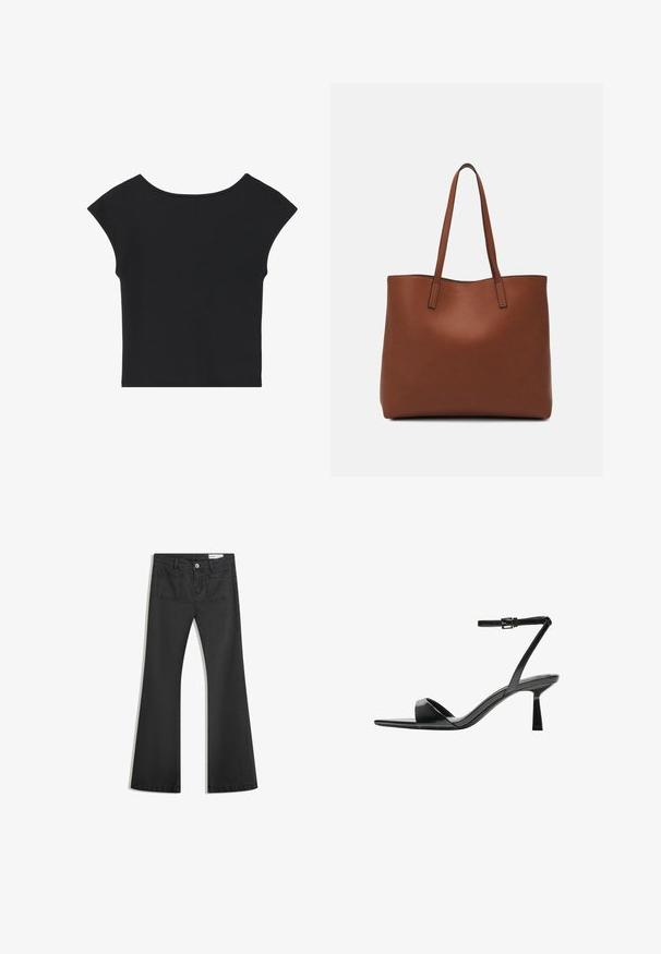 Zwart cropped top met korte kapmouwen, ronde halslijn en een soepele stofstructuur, met een eenvoudige uitstraling zonder patronen of versieringen.; Zwarte flared jeans van denim met een gladde textuur, voorzien van twee achterzakken en een knoopsluiting bij de taille.; Bershka Sandalen met hoge hak - black; Bruine leren tote bag met een gladde textuur, een ontwerp met een open bovenkant en twee schouderbanden. Kenmerkt zich door minimale stiksels en geen zichtbare hardware.