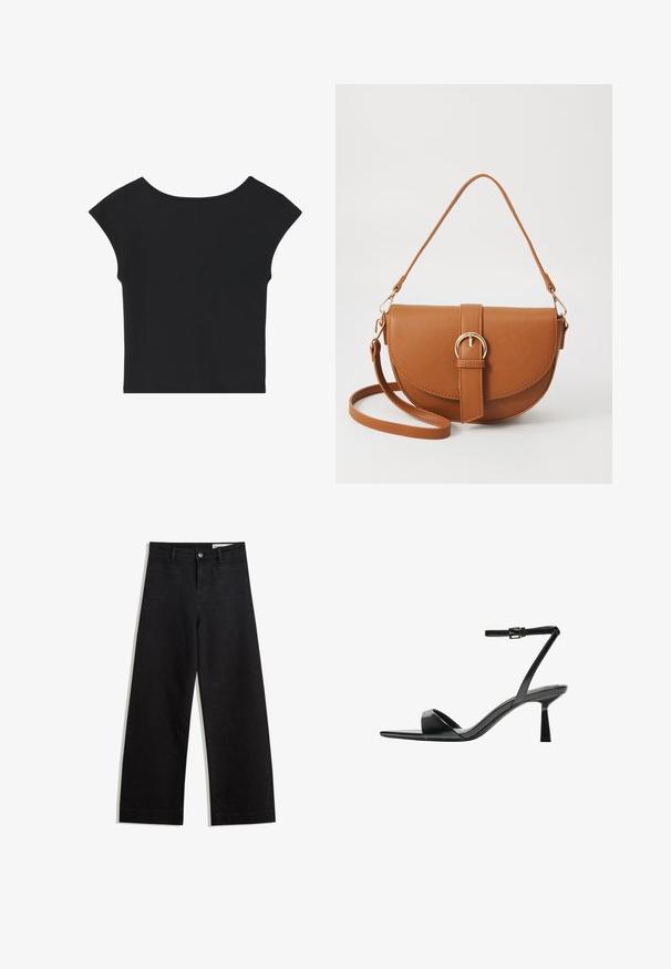 Zwart cropped top met korte kapmouwen, ronde halslijn en een soepele stofstructuur, met een eenvoudige uitstraling zonder patronen of versieringen.; Zwarte denim broek met wijde pijpen en een hoge taille, voorzien van voor- en achterzakken, gestikte naden en een knoopsluiting. Gladde textuur.; Bershka Sandalen met hoge hak - black; Bruine leren schoudertas met een gebogen vorm, gouden hardware en een gespaccent. Bevat een afneembare schouderriem.