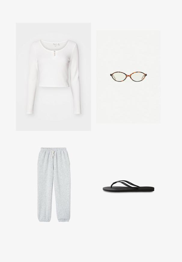 Biely crop top s dlhým rukávom z textúrovaného materiálu, s okrúhlym výstrihom a trojicou gombíkovým zapínaním vpredu.; Šedé tepláky vyrobené z jemnej tkaniny, s elastickým pásom na šnúrku a elastickými manžetami na členkoch.; Čierne žabky s textúrovanou gumovou podrážkou, dvoma štíhlymi popruhmi a diskrétnym embosovaným logom na popruhu.; Korytnačkové okuliare s oválnymi šošovkami a hladkým, lesklým povrchom. Majú tenké strany s jemným zakrivením na spánkoch. Priehľadné šošovky.