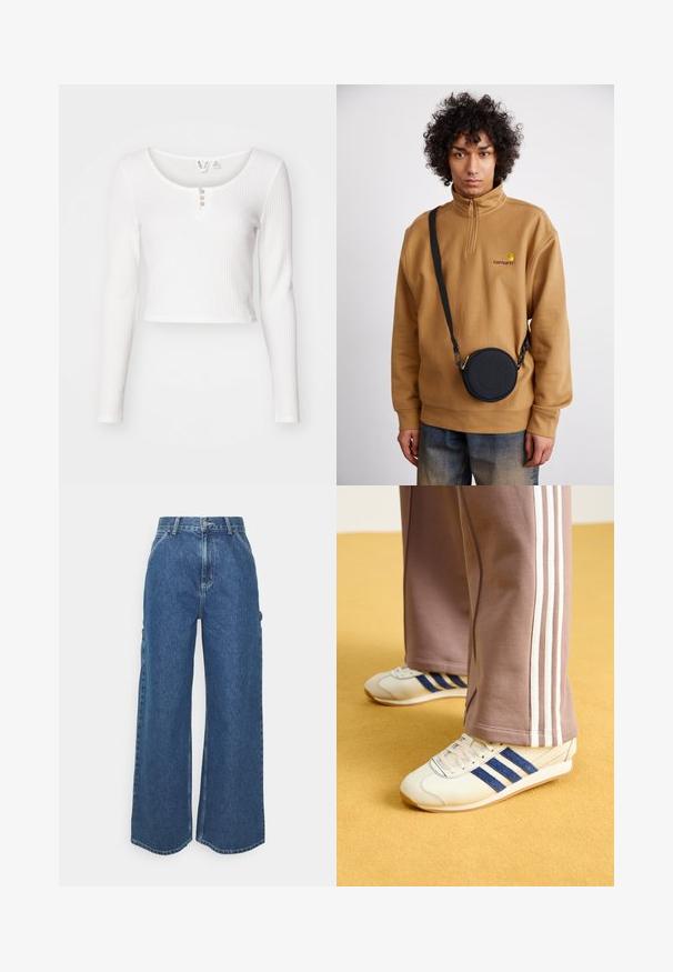 Fehér, hosszú ujjú, cropped felső texturált anyagból, kerek nyakkivágással és elöl háromgombos záródással.; Széles szárú, kék farmernadrág magas derékkal, kontrasztos varrással és oldalsó zsebekkel, klasszikus öt zsebes kialakítással és nyers szegéllyel.; Krém színű sneakers, kék velúr csíkokkal, fehér fűzővel és gumitalppal. Szürke melegítőnadrággal párosítva, fehér oldalsó csíkokkal.; Barna negyedzipzáras polárpulóver hímzett logóval, amelyet egy fekete, cipzáras, logós részlettel ellátott keresztpántos táska alatt viselnek farmernadrág felett.