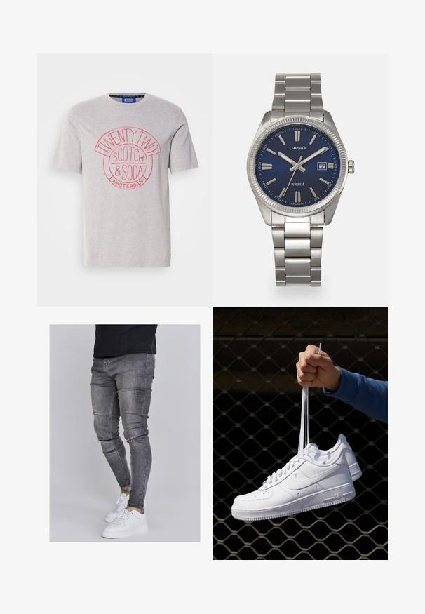 Sivi pamučni majica s kratkim rukavima koja prikazuje okrugli crveni grafički print s natpisima "TWENTY TWO", "SCOTCH & SODA" i "AMSTERDAM". Standardni kroj.; Uske mršave traperice u izblijedjelom sivoj boji, s iznošenim detaljima na koljenima, uparenim s bijelim tenisicama. Glatka tekstura, dizajn prilagođen tijelu.; Bijele kožne tenisice s perforacijama, okruglim vrhom, ravnim potplatom i debelim vezicama, s vidljivim swoosh logom i natpisom "AIR" na peti.; Srebrni sat od nehrđajućeg čelika s tamnoplavim brojčanikom, metalnim oznakama sati i prozorom za datum na 3 sata. Vodootporan do 50 metara.