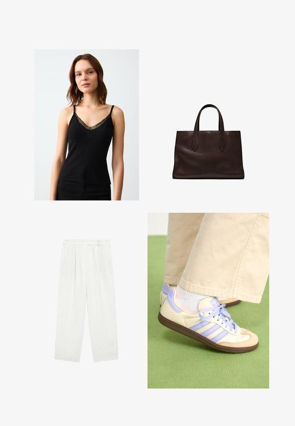 Zwarte camisole van ribbelstof, met kantafwerking langs de V-halslijn en verstelbare dunne banden. Zachte textuur en getailleerd ontwerp.; Witte wijde broek met verticale streepjes, met een platte voorkant, twee zijzakken en een ontspannen pasvorm. Zachte stof, minimale details.; Crème- en lavendel-sneakers met drie strepen en een gestructureerde bruine zool, voorzien van veters en een gewatteerde hiel. Zachte stoffen bovenkant.; Bruine leren tote bag met twee verlengde handvatten, gestructureerde rechthoekige vorm, gladde textuur en subtiele stiksels.