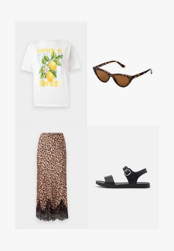 Λευκό βαμβακερό t-shirt με κίτρινο γραφικό κείμενο "SOUR & SWEET" και σχέδιο δύο λεμονιών με πράσινα φύλλα και ένα λευκό λουλούδι.; Μίντι φούστα με λεοπάρ σχέδιο από λείο ύφασμα, με μαύρη δαντελένια μπορντούρα, A-γραμμή σιλουέτα και εφαρμοστή μέση.; Μαύρη σандalia με επίπεδο σόλα, ρυθμιζόμενο κούμπωμα, δύο φαρδιές λωρίδες και λείο υλικό, σχεδιασμένη για άνεση και ευκολία στη χρήση.; Γυαλιά ηλίου τύπου cat-eye με μαύρο και πορτοκαλί καβούκι, καφέ φακούς και κομψές, μυτερές άκρες. Φέρουν ένα μίνιμο λογότυπο στο βραχίονα.