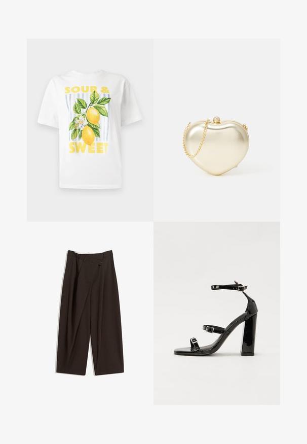 Biała bawełniana koszulka z żółdym napisem graficznym "SOUR & SWEET" oraz wzorem dwóch cytryn z zielonymi liśćmi i białym kwiatem.; Ciemnobrązowe szerokie spodnie o wysokim stanie, z pojedynczym zapięciem na guzik i plisowanym przodem. Wykonane z lekkiego materiału.; Czarne lakierowane sandały na obcasie z kwadratowym noskiem, z paskami wokół kostki i srebrnymi klamrami. Posiadają masywny słupek dla stabilności.; Złota metaliczna torebka w kształcie serca z łańcuszkiem i perłowym zapięciem. Gładka tekstura, kompaktowy design na najpotrzebniejsze drobiazgi.
