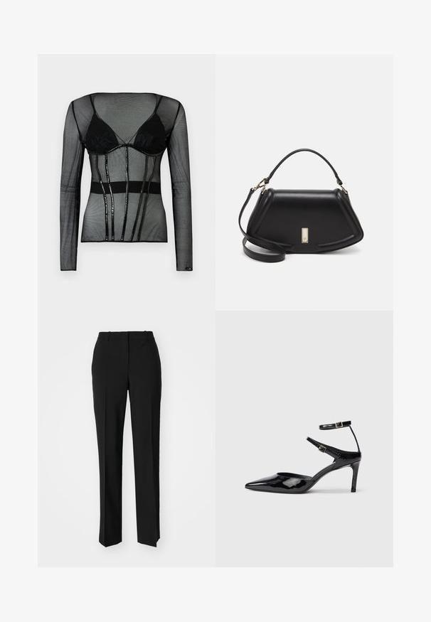 Svart mesh langermet topp med innebygd svart BH, med en tettsittende design, gjennomsiktig tekstur og glinsende sorte detaljer.; Sorte skreddersydde bukser med rett silhuett, med en glatt tekstur og klare pressede bretter foran. Ingen synlig maskinvare.; Sorte lakkede hæle med spids tå, justerbare ankelstropper og en slank hæl. Glat tekstur med en skinnende overflade.; Sort lærveske med en strukturert design, som har en avkortet form, topphåndtak og detaljer i gull. Justerbar skulderstropp inkludert.