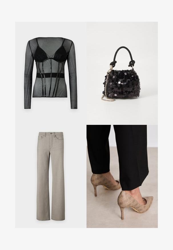 Black mesh long-sleeve top with a built-in black bra, featuring a fitted design, sheer texture, and glossy black accents.; Wide-leg pants in a light gray, textured fabric with a smooth finish. Features a button closure and five-pocket design.; Beige high-heeled shoes with a textured fabric featuring a repeating pattern. Pointed toe design with a back accent and gold heel detail.; Black sequin mini handbag with a knotted textured strap and silver chain. Rounded shape with gathered top and reflective detailing.