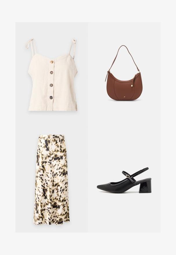 Lys beige linned cami med justerbare stropper, der har fem træknapper ned langs fronten og en løs pasform.; En knælang nederdel i et let stof med et abstrakt mønster i beige, brun og grøn. Har en tætsiddende talje og en bølgende design.; Sorte patentlæder slingback hæle med spids tå, rund udskæring og blokhæl. Har en guldtonet spændeaccents.; Brun faux læder skuldertaske med buet form, minimal syning og en guldtonet hardwaredetalje. Har en top lynlåslukning og justerbar rem.