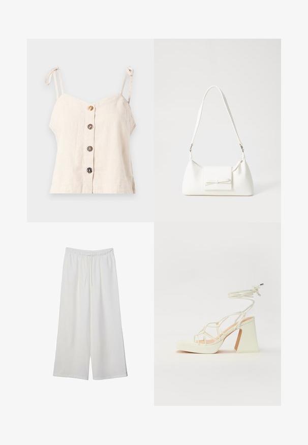 Lys beige linned cami med justerbare stropper, der har fem træknapper ned langs fronten og en løs pasform.; Hvide vidde bukser lavet af letvægtsstof, med en elastisk talje og snøre for justerbar pasform. Glat tekstur.; Hvide højhælede sandaler med en kraftig hæl, der har et stropdesign og ankelbinding. Glat tekstur med en platform foran for ekstra højde.; Hvid syntetisk håndtaske med en trekantet form, flad forsideklap og sløjfedetalje, justerbar strop, glat tekstur og minimalistisk design.