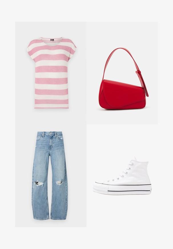 Rjava majica s kratkimi rokavi v svetlo rožnati in kremni barvi, z zaobljenim ovratnikom, mehko teksturo in sproščenim krojem.; Svijetloplave traperice visoki struk. Imaju široke nogavice, dva poderana područja na koljenima i klasičan petotoksi stil.; Beli visoki platneni športni čevelj z črnim gumijastim podplatom, sprednjim gumijastim zaščitnikom za prste in šestimi luknjicami za vezalke, ki se ponaša s preprostim, minimalističnim dizajnom.; Rdeča usnjena torba z angularnim, geometrijskim dizajnom. Ima en samostoječ nastavljiv ročaj in pokrov, zaprt z zapiranjem, ki je okrašen s šivi.