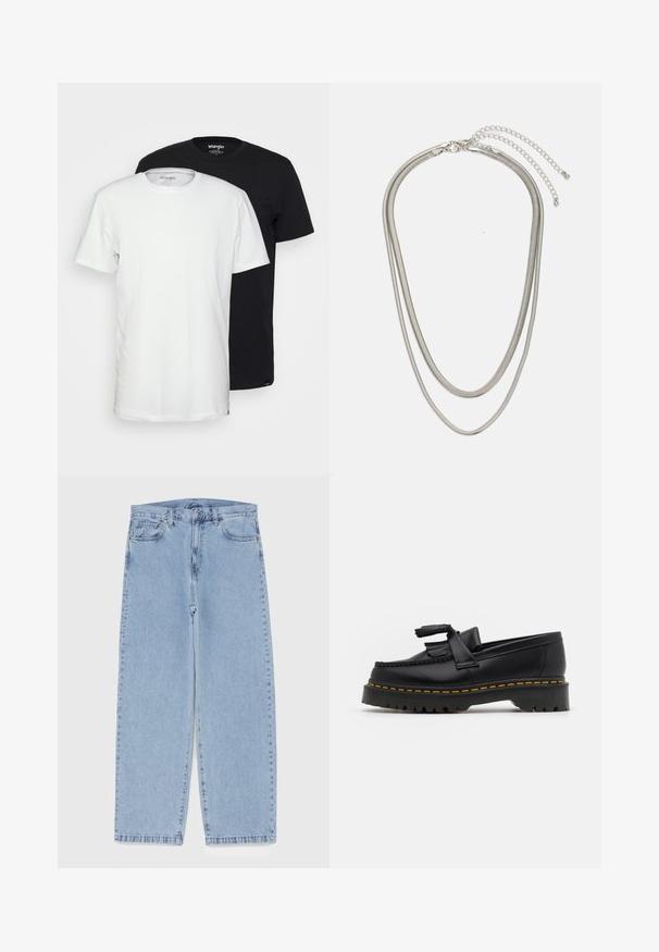 Divu t-kreklu komplekts: viens balts un viens melns. Abi ar apaļu kakla izgriezumu un īsām piedurknēm, izgatavoti no mīkstas kokvilnas materiāla.; Gai zila džinsu bikses ar taisnu kāju dizainu, kas piedāvā vidēju vidukļa augstumu, piecas kabatas un pogas un rāvējslēdzēja aizdari.; Melnas ādas mokasīni ar pērlītēm uzsvaru, ar masīvu melnu zoli un dzeltenu šuvumu gar malu. Ar teksturētu apdari.; Trīslīmeņu sudraba metāla kaklarota ar gludām, elastīgām ķēdēm, kas spīd, droši piestiprināta ar omā uzgali un regulējamu ķēdi.