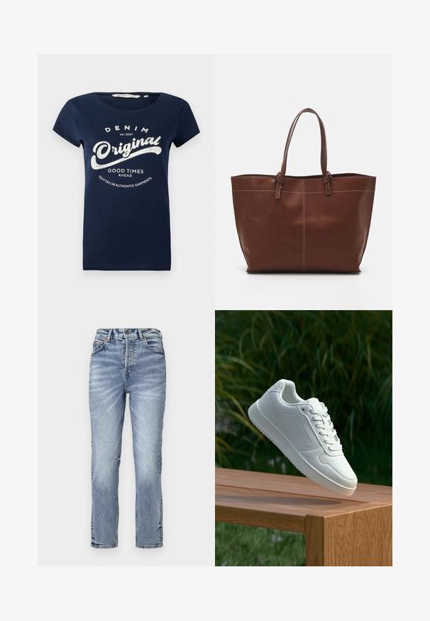 Navy blue cotton t-shirt with short sleeves, rounded neckline, and white printed text "DENIM Original" and "GOOD TIMES AHEAD."; Light blue denim jeans with a straight fit, high waist, faded texture, and five pockets. Features metal button and zipper closure.; White sneaker with a smooth synthetic upper, perforated toe box, flat laces, and a textured sole, displayed on a wooden surface.; Brown leather tote bag with double handles, features contrast stitching and a spacious design, suitable for everyday use.