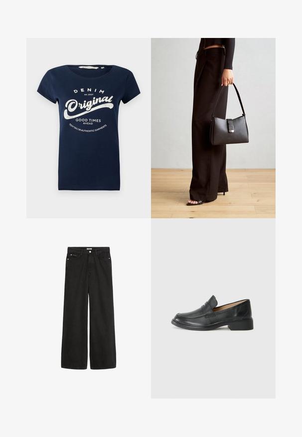 Mörkblå t-shirt med korta ärmar i mjuk bomull med vit tryckt text, med orden "DENIM Original" och "Good Times Ahead."; Vidbenade svarta denimjeans med hög midja. Har fem fickor, metallbeslag och en ren finish. Texturen är slät och mjuk.; Svarta läder loafers med låg klack, med en stickad design och enkel påsättning, på en genomskinlig vit bakgrund.; Svart handväska med strukturerad form, slät yta och metallspänne. Matchad med vida svarta byxor och sandaler med öppen tå på trägolv.