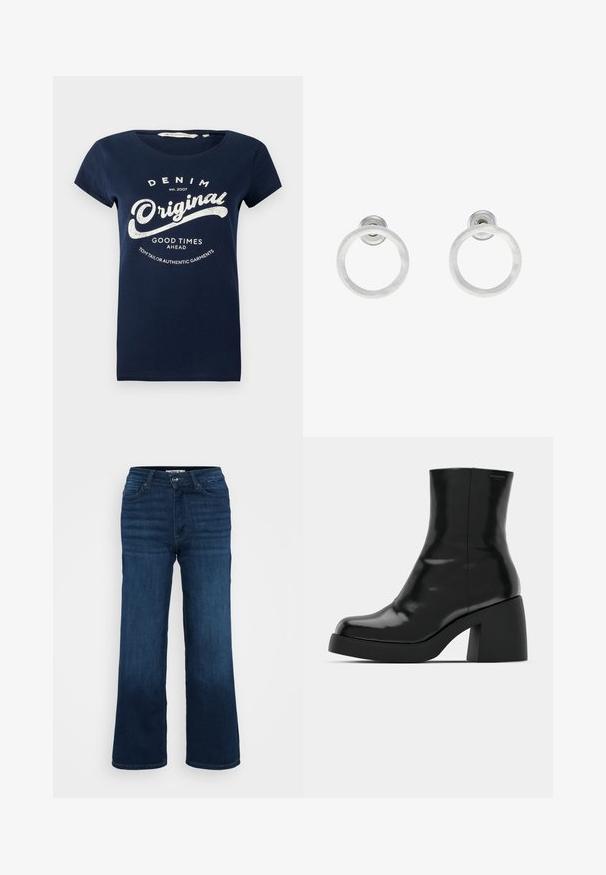 Tumši zils kokvilnas T krekls ar īsām piedurknēm, apaļu dekoltē, un baltiem uzdrukātiem tekstiem "DENIM Original" un "GOOD TIMES AHEAD."; ONLY Petite ONLMADISON BLUSH WIDE - Džinsi ar platām starām - dark blue denim; Melnas potītes zābaku ar spīdīgu apdari, kvadrātveida pirkstu un biezu bloku papēdi. Dizainā ir bezšuvju siluets un minimāla zīmola identitāte.; Sudraba metāla gredzenveida auskari ar matētu faktūru, ar apaļu dizainu un caurspīdīgu aizdari, lai nodrošinātu drošu valkāšanu.