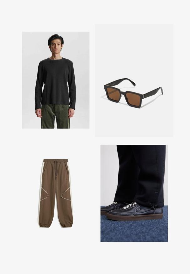 Cămașă neagră cu mânecă lungă, din material ribbed, cu guler rotund. Prezintă un material texturat și o croială lejeră, asociată cu pantaloni moi, de culoare verde măslin.; Pantaloni jogger maro cu un brâu ajustabil, buzunare laterale și panouri laterale crem contrastante cu cusături albe și modele curbate.; Nike Sportswear KILLSHOT 2 LTR PRM OPP2 - Sneakers low - black sail baroque brown mtlc dk grey; Ochelari de soare pătrați negri cu lentile maro, având un finisaj mat și accente aurii pe ramă. Designul este unghiular, cu brațe late.; Geantă de umăr din nailon negru, cu curea ajustabilă, având o textură netedă, un buzunar frontal cu fermoar și un accent cu logo.