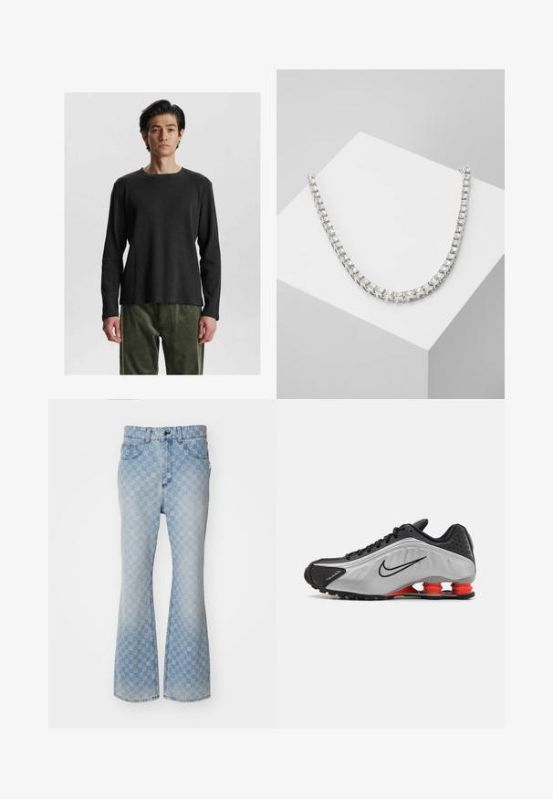 Fekete, hosszú ujjú bordás póló, kerek nyakkivágással. Texturált anyaga és laza szabása van, amelyet olívazöld, puha tapintású nadrággal párosítanak.; Világoskék denim trapéznadrág, teljes felületén logó mintával, öt zsebbel, gombos záródással és enyhén fakó felülettel.; Fekete és ezüst sportcipő, textúrált felsőrésszel, markáns barázdákkal és piros párnázó elemekkel a saroknál a támogatás érdekében. Alacsony szárú kialakítás.; Ezüst árnyalatú nyaklánc, amelyen egy sor kerek, tiszta kő található négyzet alakú fém láncszemekben, sima, fényes felülettel.