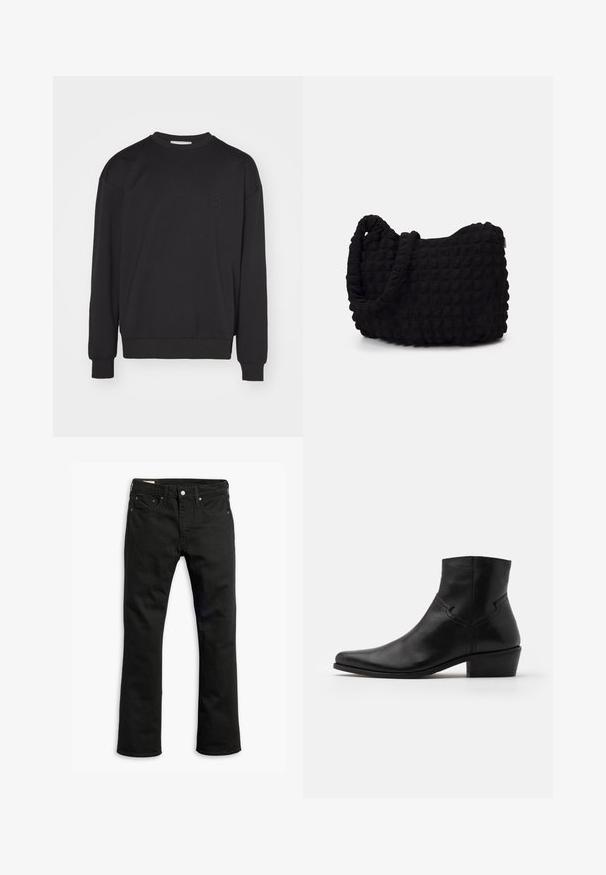 Iceberg FELPA - Pikkade varrukatega topp - nero; Mustadest denimist teksad sirge jala disainiga, viie taskuga, metalsete nööpidega kinnituse ja peente õmblusdetailidega. Sile tekstuur ja ühtlane värv.; Mustad musta nahast pahkluu saapad terava varbaga, minimaalsed õmbluse detailid, keskmise kõrgusega plokk konts ja sile, poleeritud viimistlus.; Must mustkott, millel on tekstuuriga tikitud muster. Ümar kuju, lühikesed ja jämedad sangad ning pehme, paindlik struktuur.