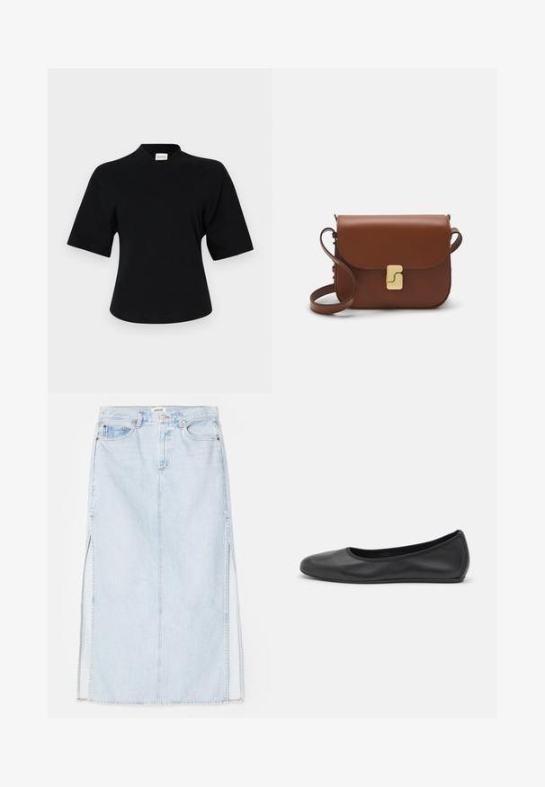 Schwarzes T-Shirt mit kurzen Ärmeln und V-Ausschnitt, aus weichem Material gefertigt. Verfügt über einen leicht lockeren Schnitt und minimalistische Markenkennzeichnung auf der Vorderseite.; Hellblaue Jeans-Maxi-Rock mit geradem Schnitt, ausgestattet mit seitlichen Schlitzen und einem Fünf-Taschen-Design. Auffällige Nähte und Metallschnappverschluss.; Schwarze Leder-Ballettschuhe mit abgerundeter Spitze, glatter Textur, minimalen Nähdetails und einem flexiblen Sohlen-Design.; Braune Ledertasche mit Klappenverschluss, Beschlägen in Goldfarbe, einem Schultergurt und einer glatten Oberfläche. Kompakte rechteckige Form.