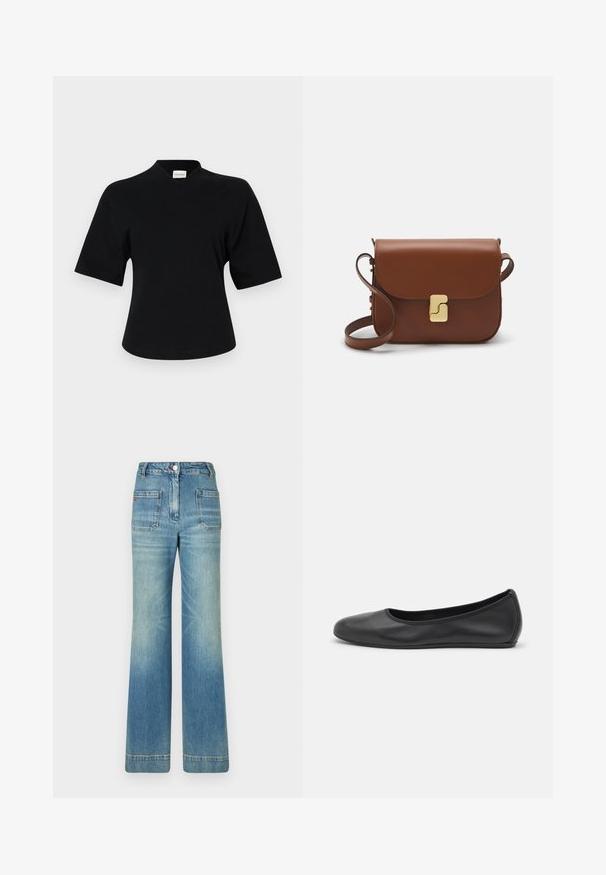 Sort kortærmet top med V-halsdesign, lavet af blød stof. Har en lidt afslappet pasform og minimalistisch branding på fronten.; Lyseblå denim flare jeans med fem lommer, bæltestropper, knaplukning og en let falmet overflade, med en rød logo-detalje på bagsiden.; Sort læderballetsko med rund tå, glat tekstur, minimal syning og et fleksibelt såldesign.; Brun læder håndtaske med flaplukning, hardware i gyldent tone, en skulderrem og en glat overflade. Kompakt rektangulær form.