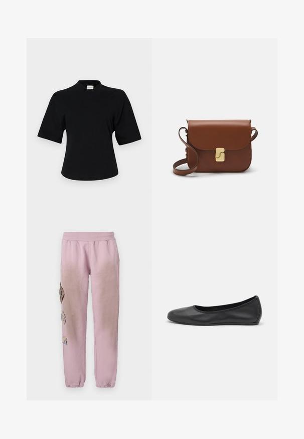 Juodas trumpas rankovėmis viršus su V-kaklo dizainu, pagamintas iš minkštos medžiagos. Charakterizuojasi šiek tiek laisva apykakle ir minimalistišku prekės ženklo ženkleliu priekyje.; Rožinės sportinės kelnės su elastinga juosta, kairėje pusėje dekoruotos rombo formos aplikacijomis ir elastingais užkulniais.; Juodai odiniai baletai su apvaliu pirštu, lygi texture, minimalus siuvimo detales ir lanksčiu padų dizainu.; Ruda odinė rankinė su uždaromu dangteliu, aukso spalvos detalėmis, petneša ir lygiu paviršiumi. Kompaktiška stačiakampio formos.