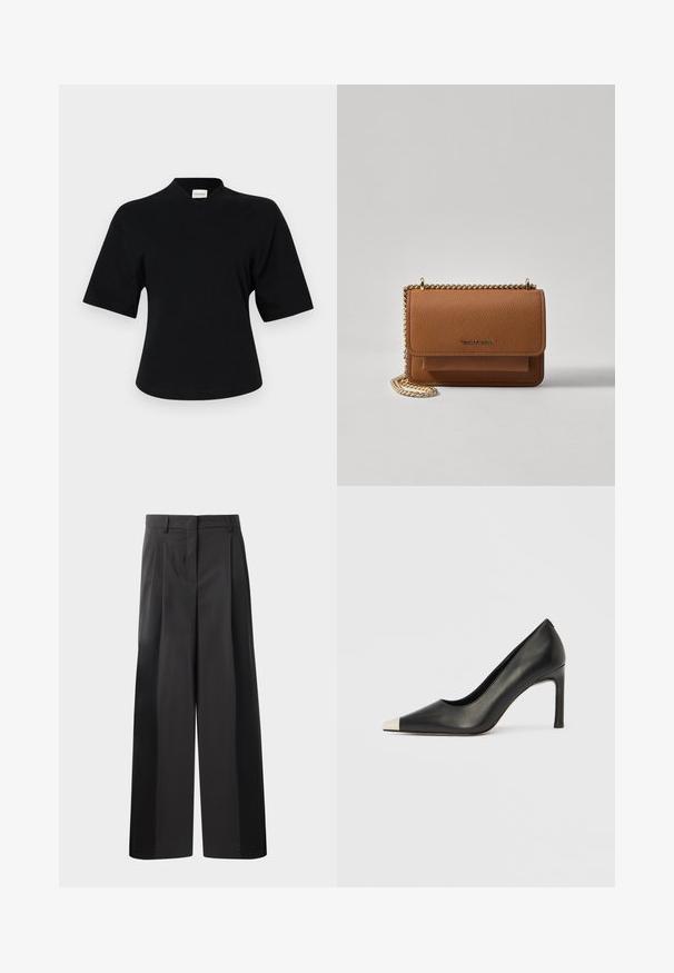 Musta lyhythihainen paita V-pääntiellä, valmistettu pehmeästä kankaasta. Ominaisuuksiin kuuluu hieman rento istuvuus ja minimalistinen brändäys edessä.; Mustat, leveälahkeiset housut korkealla vyötäröllä, etupleiteillä, sileällä pinnalla ja huolitellulla viimeistelyllä. Suunniteltu rentoon istuvuuteen.; Musta nahkainen korkokenkä, jossa on kärkiosa ja metallinen hopeanvärinen kärki. Kenkä on sileäpintainen ja siinä on kapea 10 cm korko.; Ruskean teksturoidun nahkasta valmistettu crossbody-laukku, jossa on kultaketjuhihna ja läppäkiinnitys. Edessä on logodetail ja tasku läppäisen alla.
