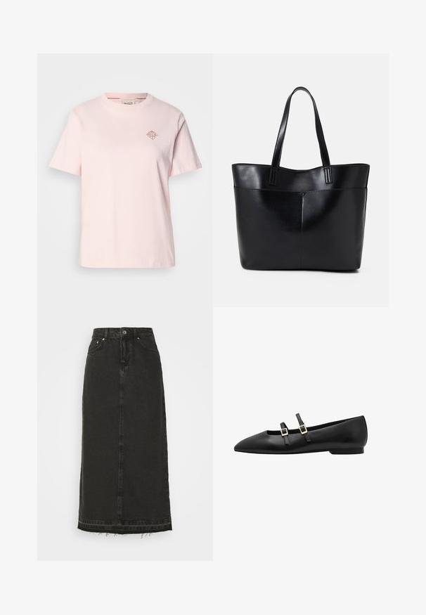 Šviesiai rožinė medvilninė marškinėliai su apvaliu kaklu, trumpomis rankovėmis ir mažu deimanto formos logotipu kontrastingos spalvos ant krūtinės.; Juodas džinsinis midi sijonas su prigludusia juosmens linija, priekyje užsegamas mygtukais ir su plonu apdailos kraštu. Sijonas turi klasikinį penkių kišenių dizainą ir lengvą tekstūrą.; Juodos odinės plokščios bateliai su smailiu nosiu, turintys dvi juodas juostas ir auksinius kvadratinius sagtis. Lygus paviršius ir žemas padas.; Juoda odinė rankinė su dviem ilgais diržais, lygiu paviršiumi ir struktūrizuota forma. Yra priekinė kišenė papildomam saugojimui.
