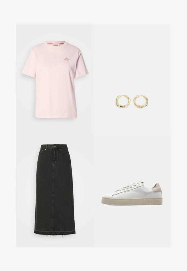 Hellrosa Baumwoll-T-Shirt mit Rundhalsausschnitt, kurzen Ärmeln und einem kleinen, rautenförmigen Logo in einer kontrastierenden Farbe auf der Brust.; Schwarzer Denim-Midirock mit tailliertem Bund, vorderem Knopfverschluss und ausgefranstem Saum. Verfügt über ein klassisches Fünf-Taschen-Design und eine leichte Textur.; Weiße Leder-Sneaker mit glatter Oberfläche, beigen Wildleder-Akzenten, runder Zehenpartie, flachem Schnürdesign und einer strukturierten Gummisohle.; Goldene Creolen mit einer strukturierten, unregelmäßigen Form. Sie verfügen über einen nahtlosen Verschluss und eine polierte Oberflächenbehandlung, die ein modernes Design betont.