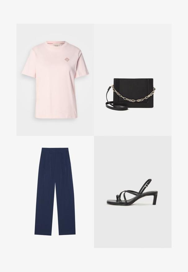 T-shirt di cotone rosa chiaro con colletto a girocollo, maniche corte e un piccolo logo a forma di diamante di colore contrastante sul petto.; Pantaloni a gamba larga blu navy realizzati in tessuto morbido, dotati di pieghe frontali, una texture liscia e una vestibilità dritta senza tasche visibili.; Sandalo nero con cinturini, dalla punta squadrata e tacco basso a blocco. Presenta diversi cinturini sottili e una cinturini regolabile alla caviglia. Realizzato in pelle liscia.; Borsa a tracolla nera in pelle con una texture liscia, forma rettangolare e dettaglio in catena metallica sul davanti. Inclusa una tracolla regolabile.