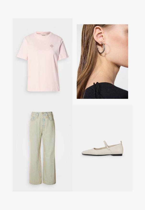 T-shirt en coton rose clair avec un col rond, des manches courtes et un petit logo en forme de diamant de couleur contrastante sur la poitrine.; Jean large bleu clair en denim, avec une taille haute, cinq poches, et un léger délavage avec des accents de couture contrastante.; Ballerines blanches en cuir avec un bout pointu, une boucle sur le côté et un petit talon noir. Texture lisse et design minimaliste.; Boucle d'oreille en argent avec une finition polie, présentant de petits détails en or et de forme ronde, portée sur le lobe.