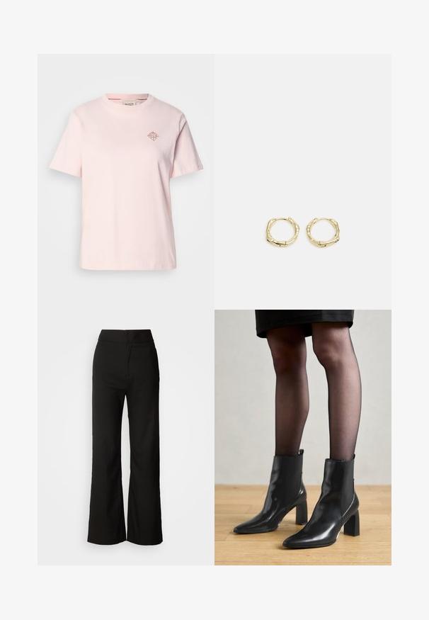 T-shirt en coton rose clair avec un col rond, des manches courtes et un petit logo en forme de diamant de couleur contrastante sur la poitrine.; Pantalons noirs à jambes larges avec une texture lisse, taille haute et un design épuré. Pas de poches visibles ni d'embellissements.; Bottines en cuir noir avec un bout pointu, un talon carré épais et un design élégant. Présente des panneaux latéraux élastiques pour un enfilage facile.; Boucles d'oreilles en or en forme de cerceau avec une texture et une forme irrégulière. Présentent une fermeture sans couture et une finition polie, soulignant un design moderne.