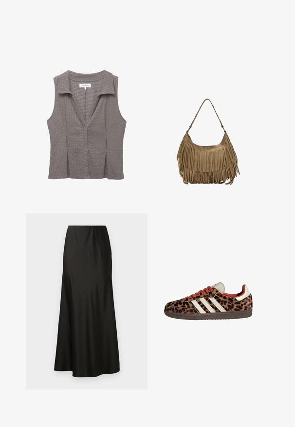 Szürke ujjatlan póló textúrált kötött mintával, gallérral és V nyakkivágással. Az anyag lágy, finom mintázattal.; Fekete selyem maxi szoknya sima textúrával, magas derékkal és bővülő aljjal. Egyszerű dizájnnal rendelkezik, látható minták vagy fém részek nélkül.; Leopárd mintás sportcipők velúr anyagból, piros fűzőkkel, és három fehér csíkkal az oldalukon. Krémszínű nyelvvel és barna talppal rendelkezik.; Barna velúr kézitáska hosszú rojtos részletekkel, ívelt formával és egyetlen vállpánttal. Simító, texturált felülettel rendelkezik.