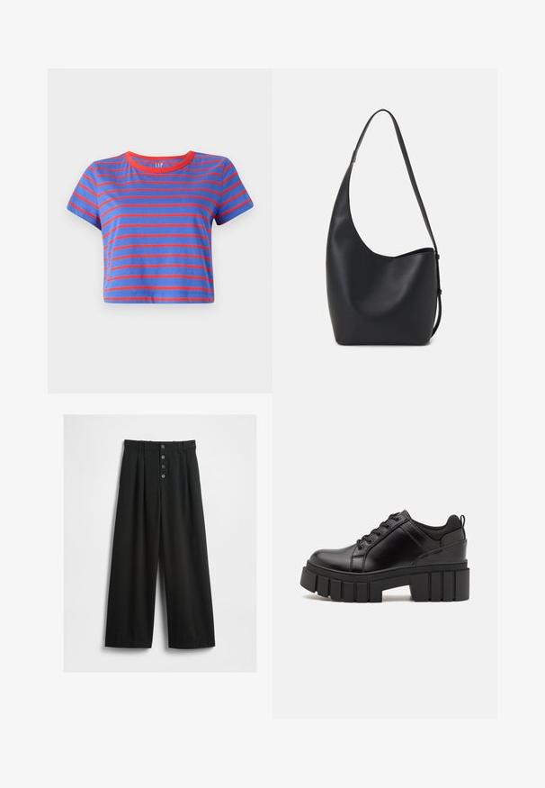 Ierobežota t-kreklā ar zilām un sarkanām horizontālām joslām. Tam ir apaļa sarkana kakla izgriezuma forma un īsas piedurknes, izgatavots no maiga kokvilnas materiāla.; Platas kājas melni bikses, izgatavotas no teksturēta auduma. Iezīmēts augsts viduklis, piecu pogu priekšpusē ar aizdari, un nospiesti pleci papildu detaļai.; Melnas ādas platformas kurpes ar masīvu bloku papēdi, apaļu purngalu un tradicionālu saistīšanas dizainu. Izceļas ar gludu tekstūru un minimālu apdari.; Melnas ādas hobo soma ar gludu tekstūru, izliekta forma un vienu regulējamu jostu; augšā ir plaša atvere.