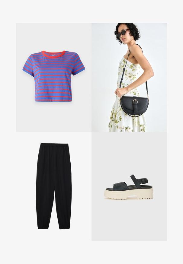 Skraćeni majica s plavim i crvenim horizontalnim prugama. Ima okrugli crveni izrez i kratke rukave, izrađena od mekog pamučnog materijala.; Crne, lagane hlače s elastičnom stražnjom pasicom i naboranim gležnjevima. Tkanina je glatka i ima opušteni, suženi dizajn.; Crne ante sandale na platformu s debelim bijelim potplatom, širokim prednjim remenom i podesivom kopčom za gležanj. Teksturirani potplat za bolju prionjivost.; Crna kožna torba s lukovitim oblikom, odvojivim remenom i zlatnim detaljima. Torba ima preklop s kopčom.