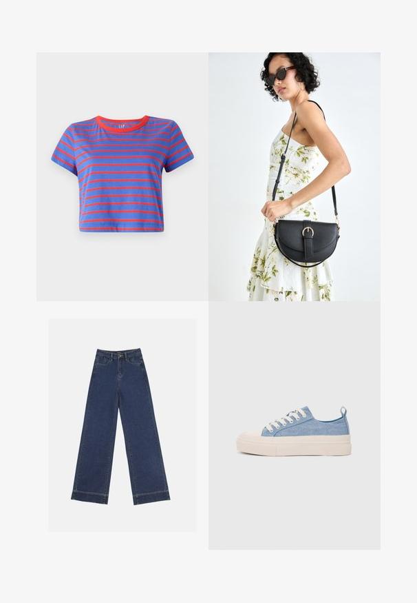Cropped t-shirt with blue and red horizontal stripes. Features a round red neckline and short sleeves, made from soft cotton material.; Wide-leg jeans in dark blue denim. Features five pockets, belt loops, and a raw hem at the bottom with visible stitching details.; Light blue canvas sneakers with a cream rubber toe cap and outsole, featuring white laces and a pull tab on the heel.; Black leather handbag with a curved shape, detachable strap, and gold hardware. The bag features a flap with a buckle detail.