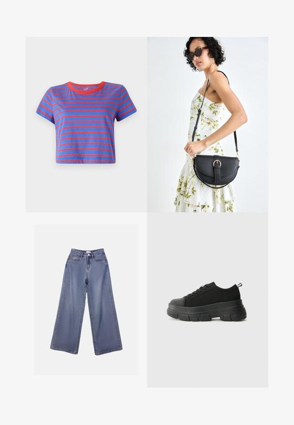 Zkrácený tričko s modrými a červenými vodorovnými pruhy. Má kulatý červený výstřih a krátké rukávy, vyrobené z měkké bavlny.; Džínové kalhoty s širokými nohavicemi v světle modrém odstínu, s vysokým pasem, předními kapsami a zapínáním na knoflík s poutky na pásek.; Černé tenisky s robustní gumovou podrážkou, vrchní část z texturované tkaniny, kulatá špička a šněrovací design. Obsahují zesílené okraje pro tkaničky a poutko na zadní straně.; Černá kožená kabelka s křivkovým tvarem, odnímatelným popruhem a zlatými detaily. Kabelka má klopu s přezkou.