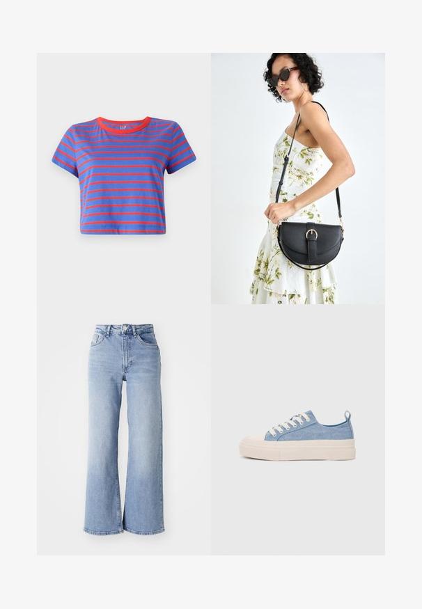 Korte t-skjorte med blå og røde horisontale striper. Har en rund rød hals og korte ermer, laget av mykt bomullsmateriale.; Lyseblå høyt liv vide jeans med front- og baklommer, knappelukking og subtile falminger på lårene og kanten.; Lys blå canvastøfler med en kremfarget gummitupp og yttersåle, med hvite snørebånd og en løfteløkke på hælen.; Svart lærveske med en buet form, avtagbar stropp og gullbeslag. Vesken har et klaff med spenne-detall.
