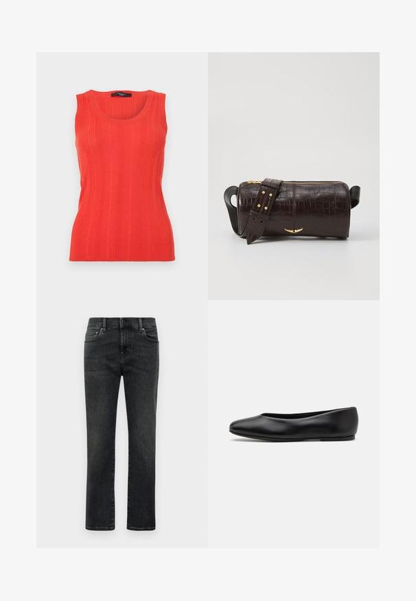 Red ribbed tank top with a round neckline, sleeveless design, and a fitted silhouette. Fabric is soft and textured, highlighting body contours.; Men’s straight-leg black faded jeans with front button and five-pocket design on plain white background.; Paul Smith TOPANGA - Ballet pumps - black; Brown crocodile-embossed leather bag with a cylindrical shape, gold-tone hardware, and a detachable strap featuring studs.