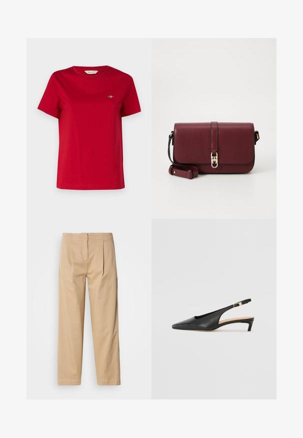 GANT SHIELD - T-shirt basique - ruby red; Pantalons en coton beige à coupe décontractée, avec deux plis à l'avant, une jambe droite et une fermeture à bouton classique à la taille.; Talons aiguilles en cuir noir à bride arrière, avec un bout pointu, un talon bas et une sangle de cheville réglable dotée d'une boucle dorée. Texture lisse.; Tommy Hilfiger LIBRE FLAP CROSSOVER - Sac bandoulière - deep rouge