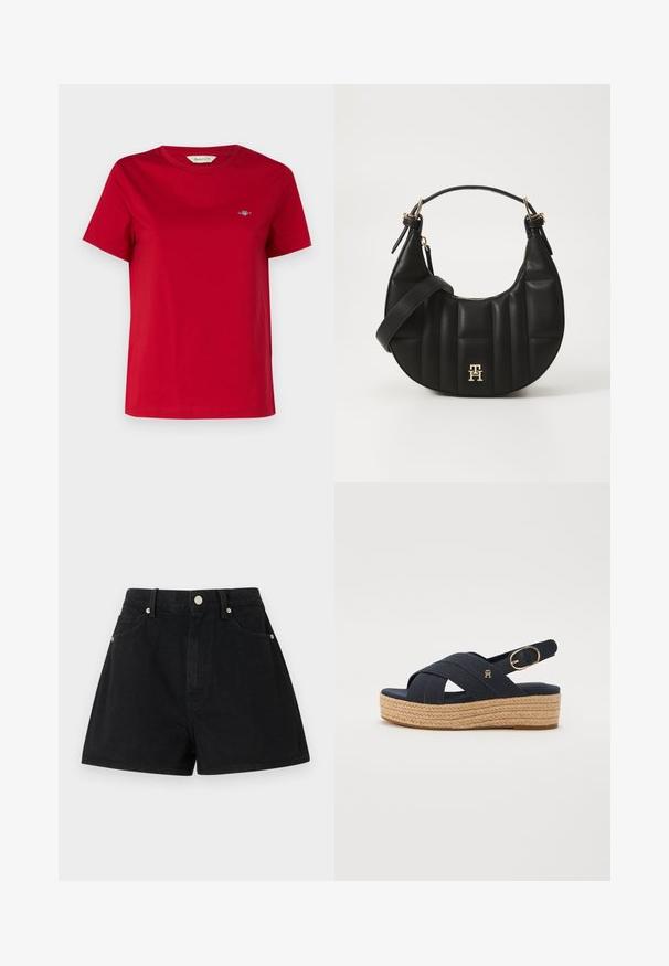 GANT SHIELD - Basic T-shirt - ruby red; Black denim shorts with a high waist, five pockets, silver hardware, and a standard fit, featuring a smooth texture and clean finishing.; Navy canvas espadrille sandals with crisscross straps, woven jute platform, and metallic buckle detail. Flat rubber sole.; Black leather handbag with a curved shape, quilted texture, and gold hardware. Features a detachable shoulder strap and logo detail.