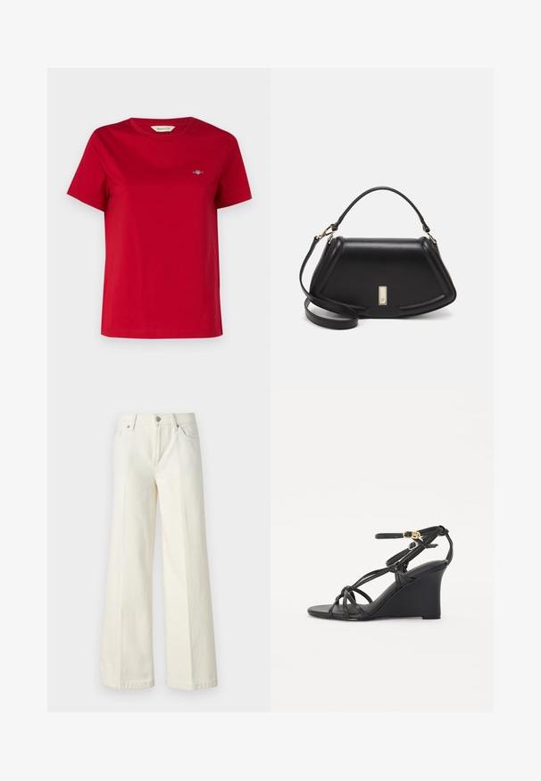 GANT SHIELD - Paprasti marškinėliai - ruby red; Platūs balti džinsai, pagaminti iš medvilnės mišinio. Yra užtrauktukas, penkių kišenių dizainas ir siūlės išsiuvinėjimas.; Juodos platforminės šlepetės su plonomis kryžminėmis juostelėmis ir reguliuojamu kulkšnies dirželiu su auksine sagtimi. Lygaus odos paviršiaus apdaila.; Juoda odinė rankinė su struktūrizuotu dizainu, turi trumpą formą, viršutinę rankeną ir auksinius akcentus. Pridėtas reguliuojamas peties diržas.