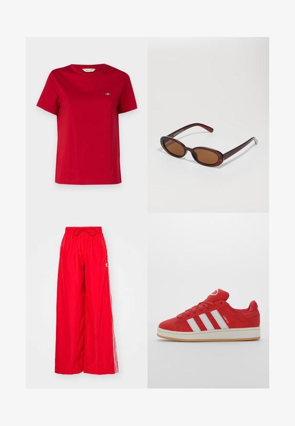 GANT SHIELD - Tricou basic - ruby red; Pantaloni roșii cu picioare largi, realizați dintr-un material ușor, având dungi albe pe laterale și un elastic la talie cu șnur.; Adidași din suede roșu cu trei dungi albe, talpă din cauciuc, vârf rotunjit și limbă căptușită, având detaliul "CAMPUS" pe lateral.; Ochelari de soare rotunzi, cu nuanțe de brown și cu un cadru lucios de burgund. Brațe subțiri cu detalii subtile de branding. Design cu lentile plate.