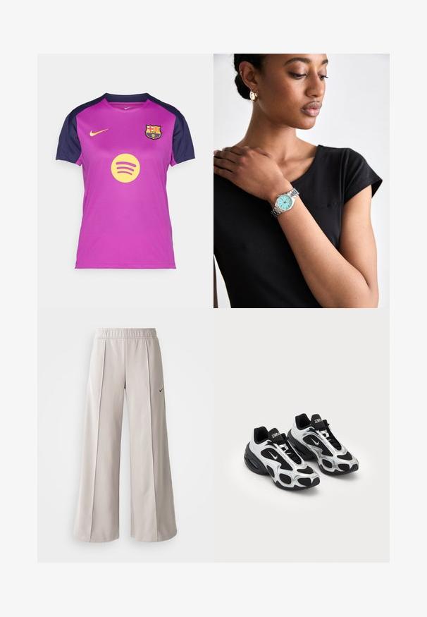 Lilla Nike-drakt med marineblå ermer, prydet med en gul Spotify-logo og FC Barcelona-emblem på brystet. Pustende stofftekstur.; Lys grå vide bukser lavet af glat stof. Har en elastisk talje og sort Nike-logo på venstre side.; Svarte og sølv atletikksko med overdel i mesh og syntetisk materiale, med et distinkt bølgete design og polstret krage, luftdemping i sålen.; Sølv klokke med mintgrønn urskive og sølvarmbånd, båret på en hånd. Bæreren har på seg en svart tettsittende skjorte.