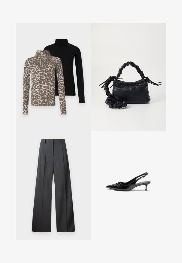 Dva dugačka majica s rolkragnom, jedna u čvrstoj crnoj boji, a druga s bež i smeškim leopard uzorkom, prikazane s prednje strane na beloj pozadini.; Hlače širokih nogavica u tamnosivoj tkanini, s visokim strukom, jednim naborom i glatkom teksturom s urednim završetkom na rubovima.; Crne kožne sandale na petu s ikkrenim nosom, malom kitten petom i dekorativnom mašnom sprijeda. Glatka tekstura svuda.; Crna torba od umjetne kože s teksturom krokodila, s cinčanim vrhom i naboranom trakom. Izgleda mekano i kompaktno u dizajnu.