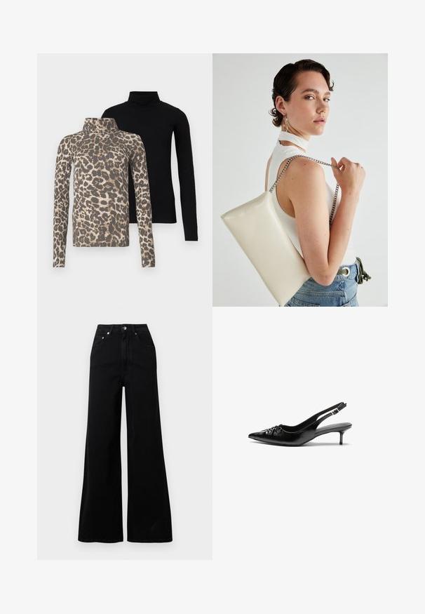 Két hosszú ujjú garbó, az egyik sima fekete, a másik bézs és barna leopárdmintás, fehér háttér előtt, frontális nézetben.; Fekete, széles szárú farmernadrág denimből, magas derékkal, öt zsebbel, elülső gombos záródással és minimális varrási részletekkel.; Fekete bőrből készült slingback magassarkú cipők hegyes orral, kis francia sarokkal és díszes csomóval az elején. Az egész felületen sima textúra.; Fehér, téglalap alakú, fényes anyagból készült clutch táska, ezüst láncos pánttal. A modell pózol, bemutatva a táskát egy egyszínű háttér előtt.