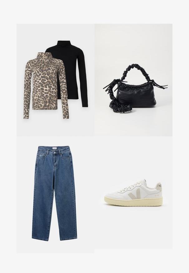 Duas camisolas de gola alta de manga longa, uma preta sólida e outra com um padrão de impressão de leopardo em bege e castanho, exibidas de frente sobre um fundo branco.; Jeans de denim azul clássicos com um design de perna reta, cinco bolsos e fecho de botão. Apresenta um tratamento médio e uma textura resistente.; Sapatilha de couro branca com detalhes em camurça bege, biqueira perfurada, atacadores planos e sola texturizada creme. Apresenta uma marcação subtil no calcanhar.; Bolsa de mão em couro sintético preto com textura de crocodilo, topo franzido e alça enrugada. Apresenta um design suave e compacto.