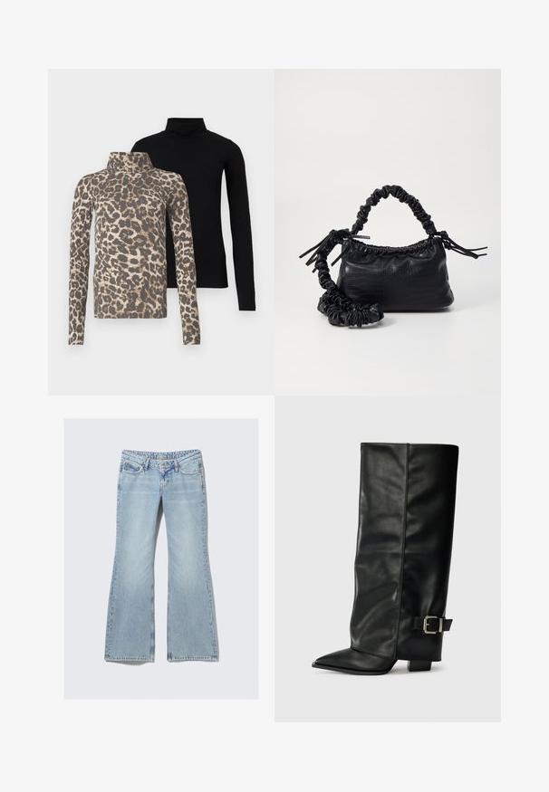 Two long-sleeve turtleneck tops, one solid black and one with beige and brown leopard print pattern, displayed front-facing on white background.; Weekday NOVA - Slim fit jeans - lip blue; Black leather ankle-length boots with a pointed toe, smooth texture, and a silver buckle accent on the side. Chunky square heel.; Black faux leather handbag with a crocodile texture, cinched top, and a scrunched strap. Appears soft and compact in design.