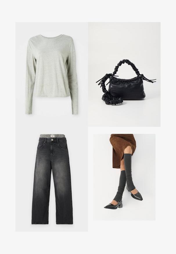 Lys grå langermet skjorte laget av myk stoff, med rund halslinning og en avslappet passform. Søm detaljer langs sidene.; Sorte denim bukser med vide ben og et houndstooth-mønstret taljebånd. Funktioner inkluderer forlommer og knappelukning. Slidt tekstur.; Sorte lakkpumps med spiss tå, blokkhel, og ankelstropp, kombinert med grå ribbestrikkede beinvarmere og et brunt semsket skinn skjørt.; Svart faux skinn-håndveske med krokodilletekstur, strammet topp og en rynket stropp. Ser myk og kompakt ut i designen.