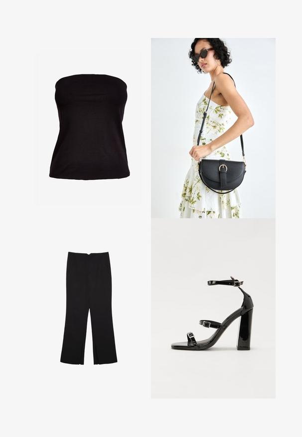 Top nero senza spalline realizzato in tessuto elasticizzato. Texture liscia con silhouette aderente, senza cuciture visibili o decorazioni.; Pantaloni neri a gamba dritta, con tasche frontali e spacchi laterali all'orlo. Realizzati in tessuto morbido e liscio. Adatti a diverse occasioni.; Sandali con tacco in vernice nera, con punta squadrata, cinturini alla caviglia e fibbie in argento. Presentano un tacco a blocco spesso per maggiore stabilità.; Borsa a tracolla nera in pelle con una forma curva, manico rimovibile e accessori dorati. La borsa presenta una patta con un dettaglio a fibbia.