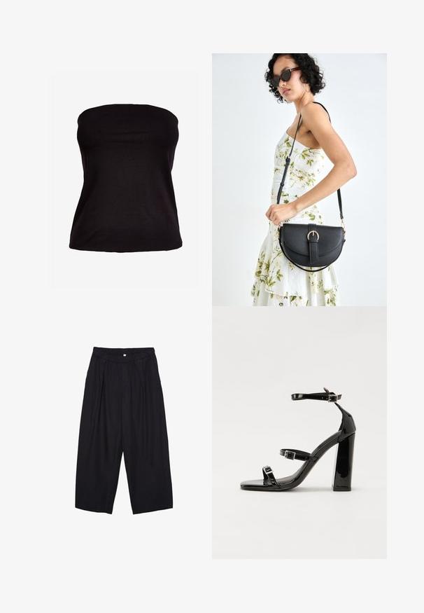 Čierny top bez ramienok vyrobený z elastického materiálu. Hladká textúra s priliehavým strihom, bez viditeľných švov alebo ozdôb.; Čierne polyesterové culotte nohavice s elastickým pásom, dvoma prednými záhybmi a voľným strihom. Žiadne viditeľné vzory ani detaily z kovu.; Čierne lakované sandále na podpätku so štvorcovou špičkou, navlečenými remienkami okolo členku a striebornými prackami. Disponujú masívnym blokovým podpätkom pre stabilitu.; Čierna kožená kabelka s zaobleným tvarom, odnímateľným popruhom a zlatými doplnkami. Kabelka má klopu s detailom s prackou.